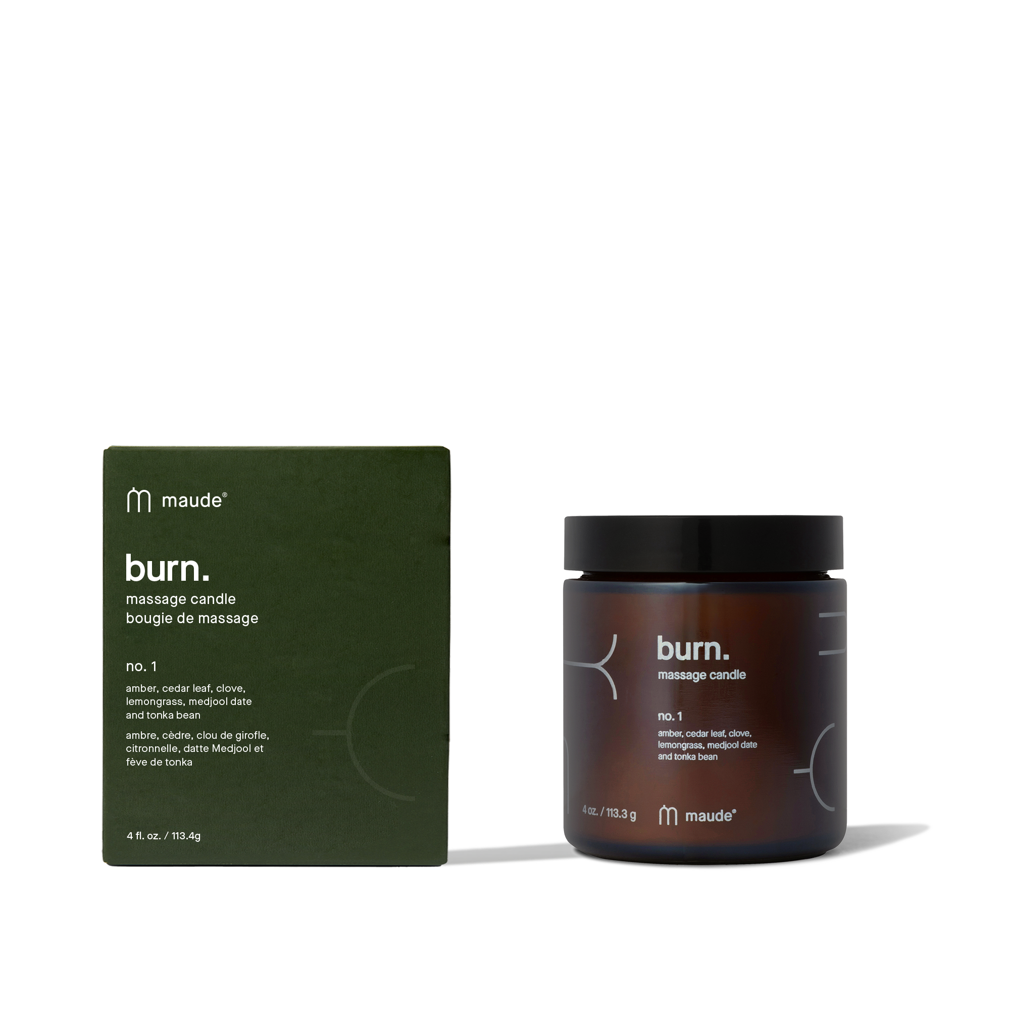 Maude burn massage candle with packaging on a white background