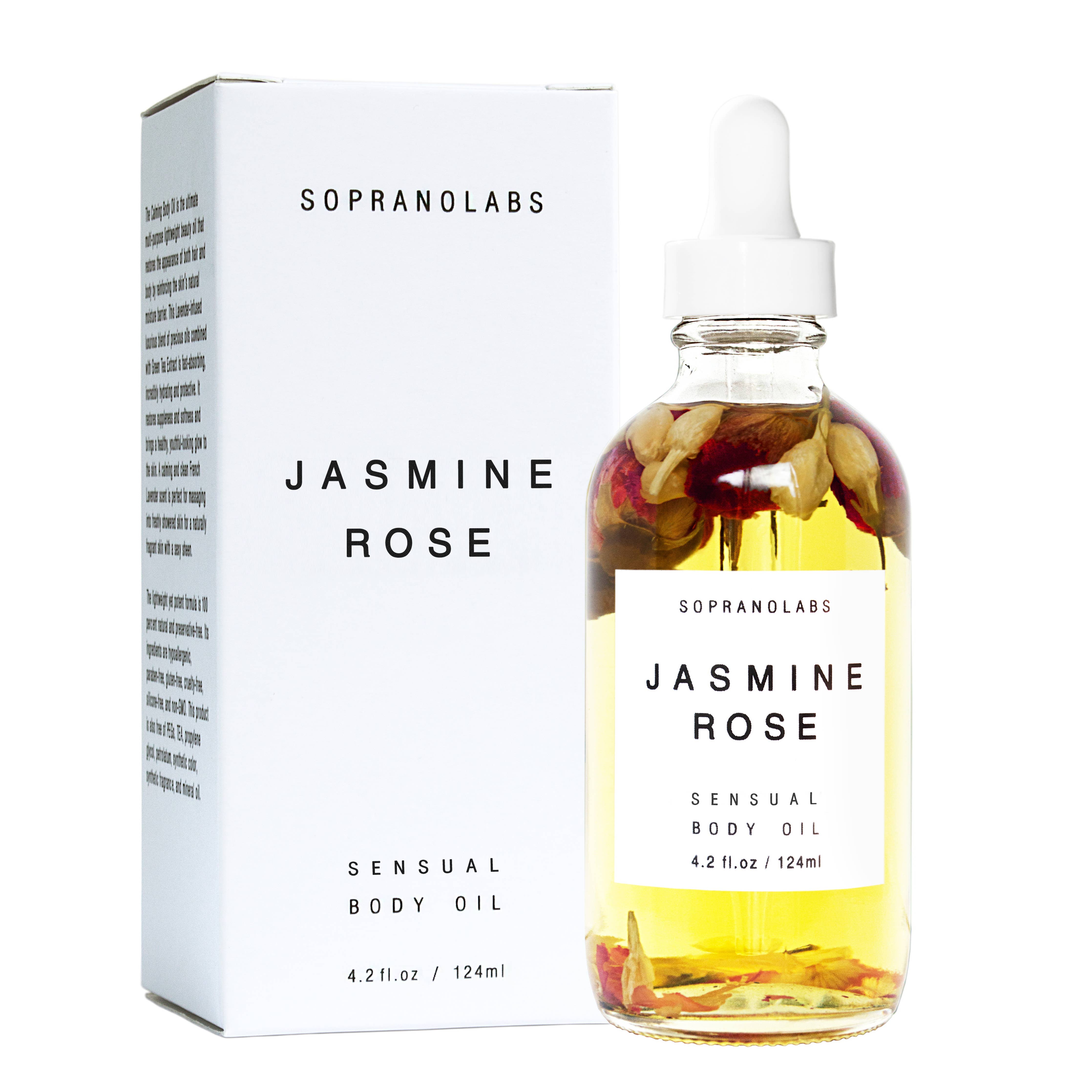 Sopranolabs Jasmine Rose sensual body oil bottle and packaging on a white background