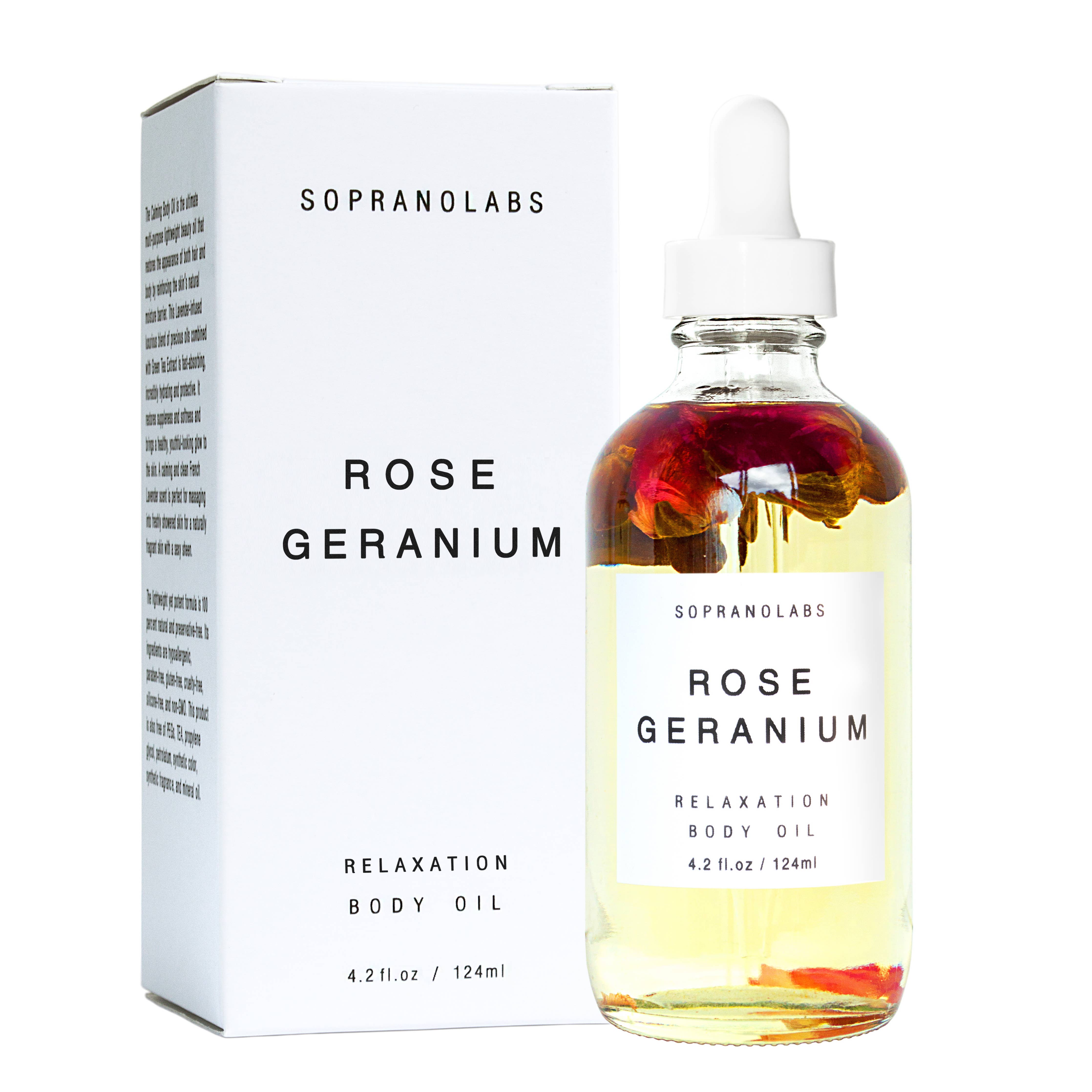 Sopranolabs Rose Geranium body oil bottle and packaging on a white background
