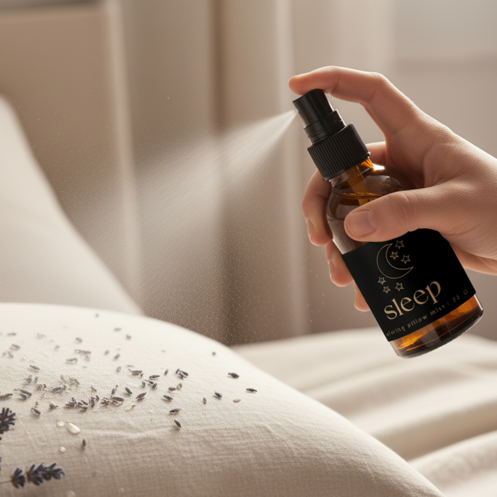 Hand holding a bottle labeled 'sleep' over a pillow with lavender on a neutral background