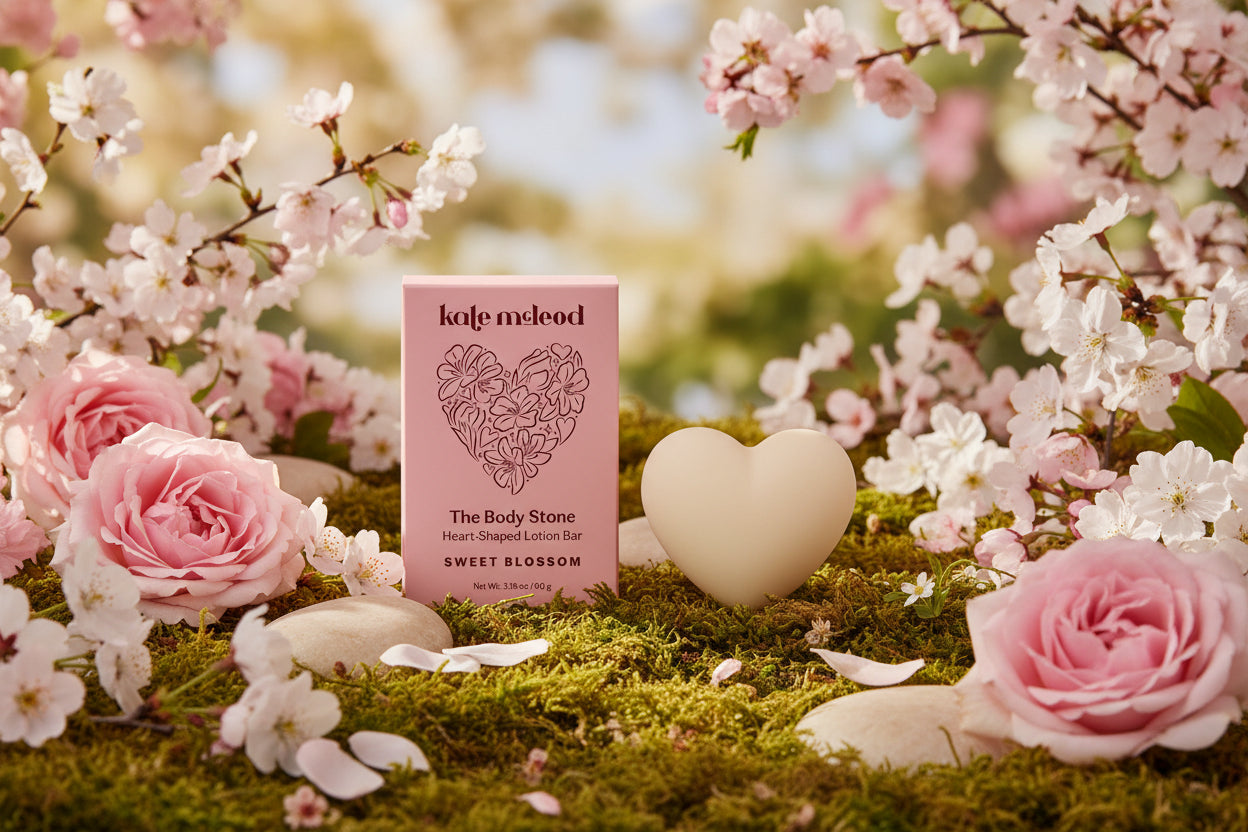 Heart-shaped lotion bar and packaging with 'kate meleod' branding on a red background